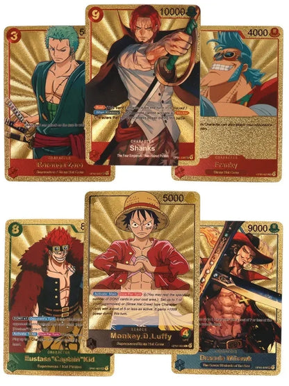 One Piece Monkey D Luffy Roronoa Zoro Gold Foil Collectible Trading Cards Box Set, Anime Character Waterproof Gold Plated TCG Game Cards